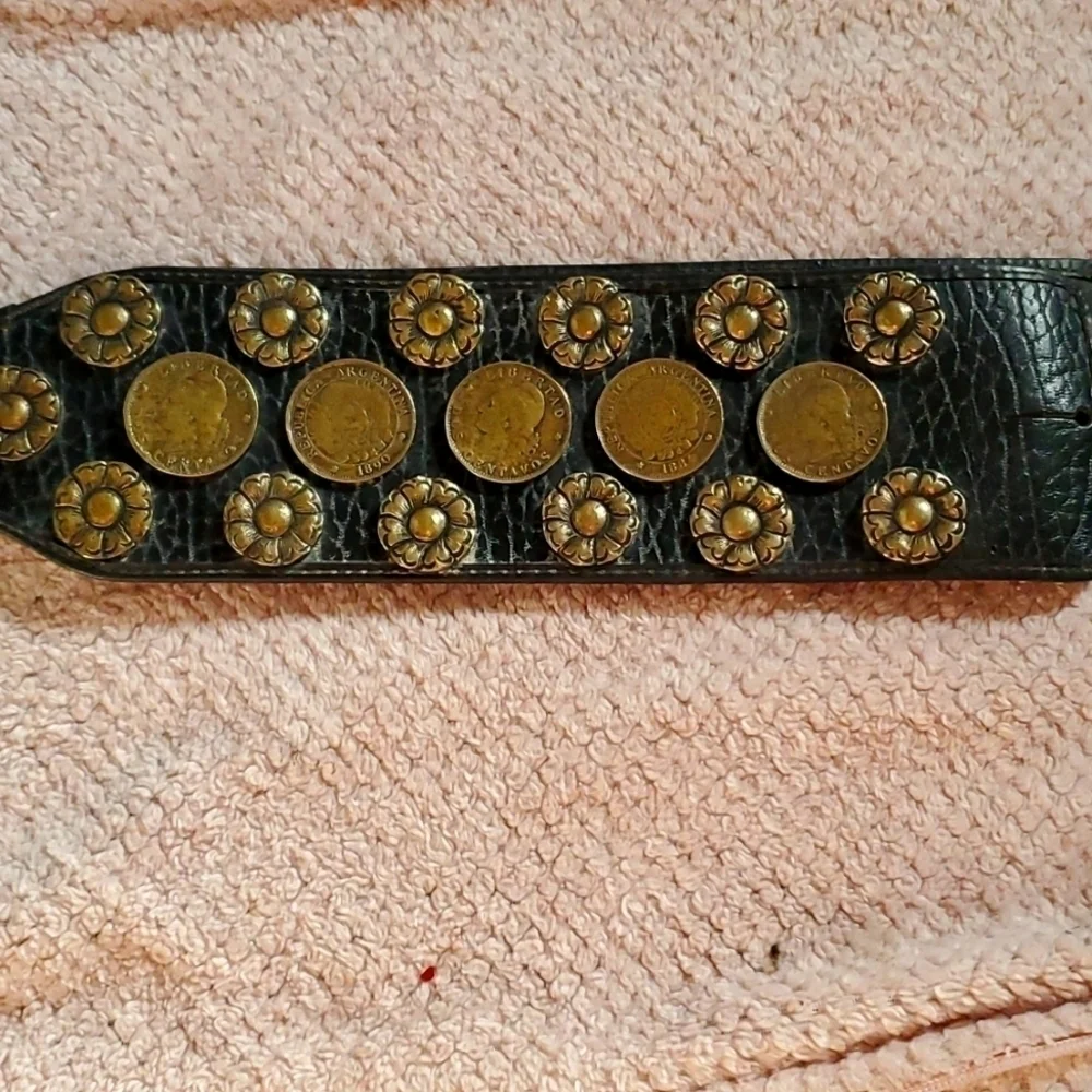 Vintage Leather Brass Flower Coin Belt Removable Buckle